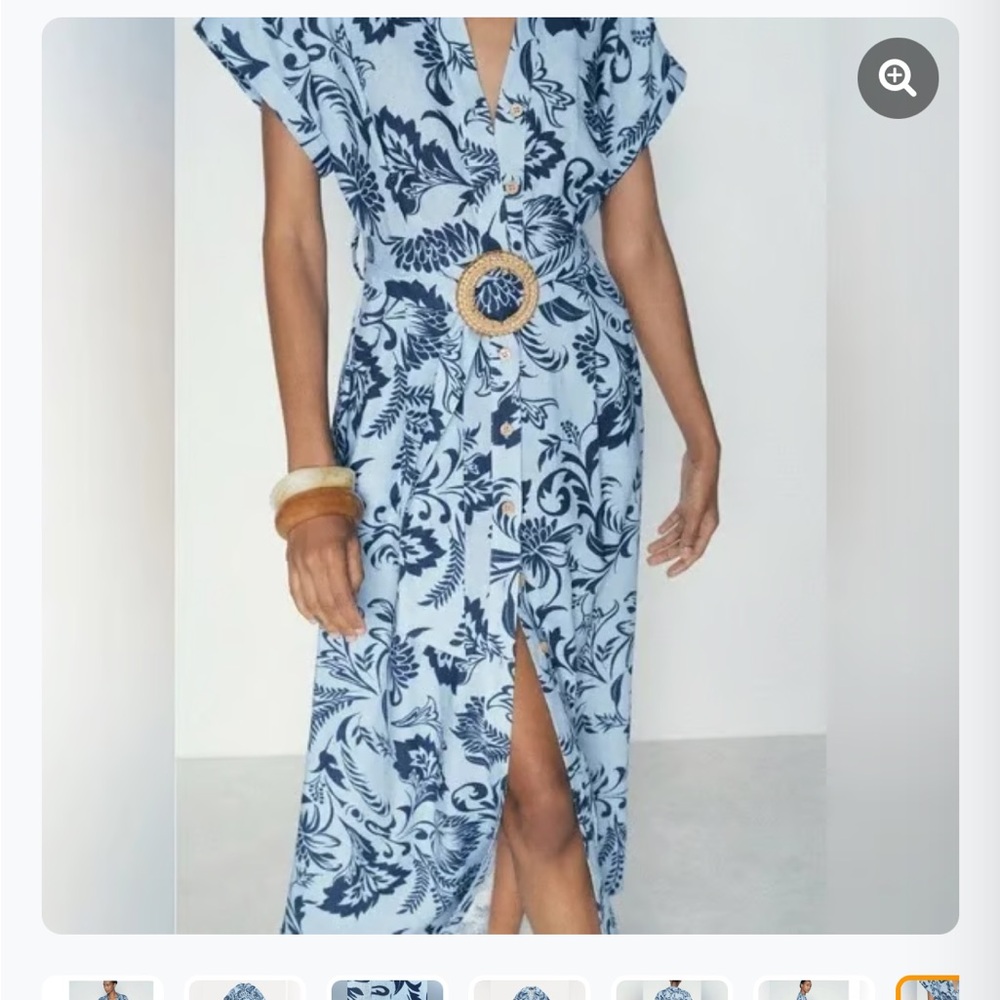 Zara Light Blue Floral Midi Dress with Belt